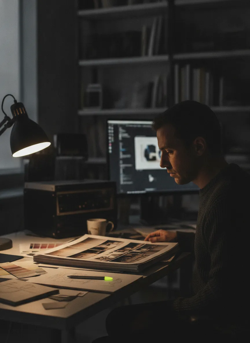 Creative director reviewing moodboards in a dark studio