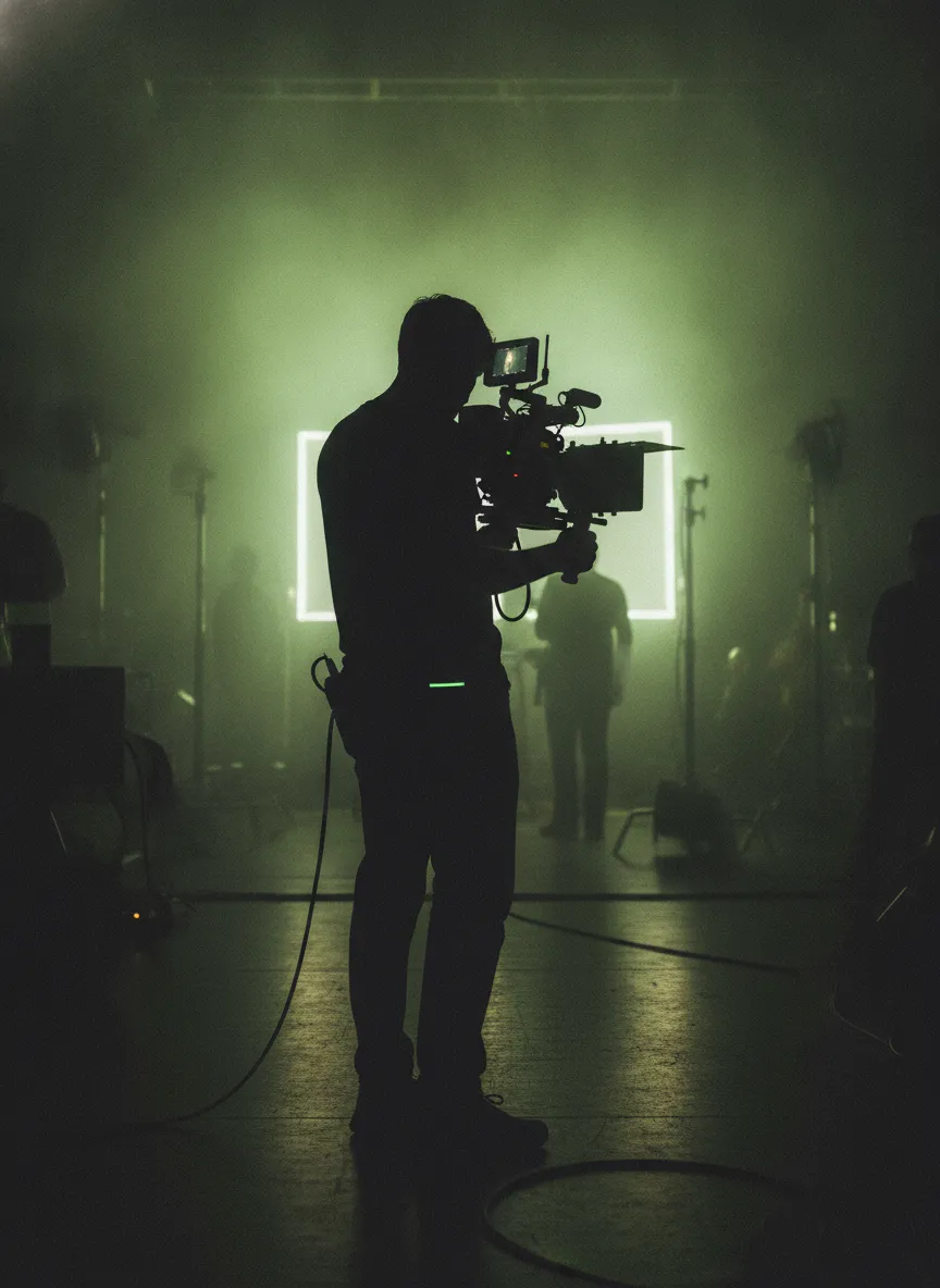 Videographer silhouetted against chartreuse studio lights