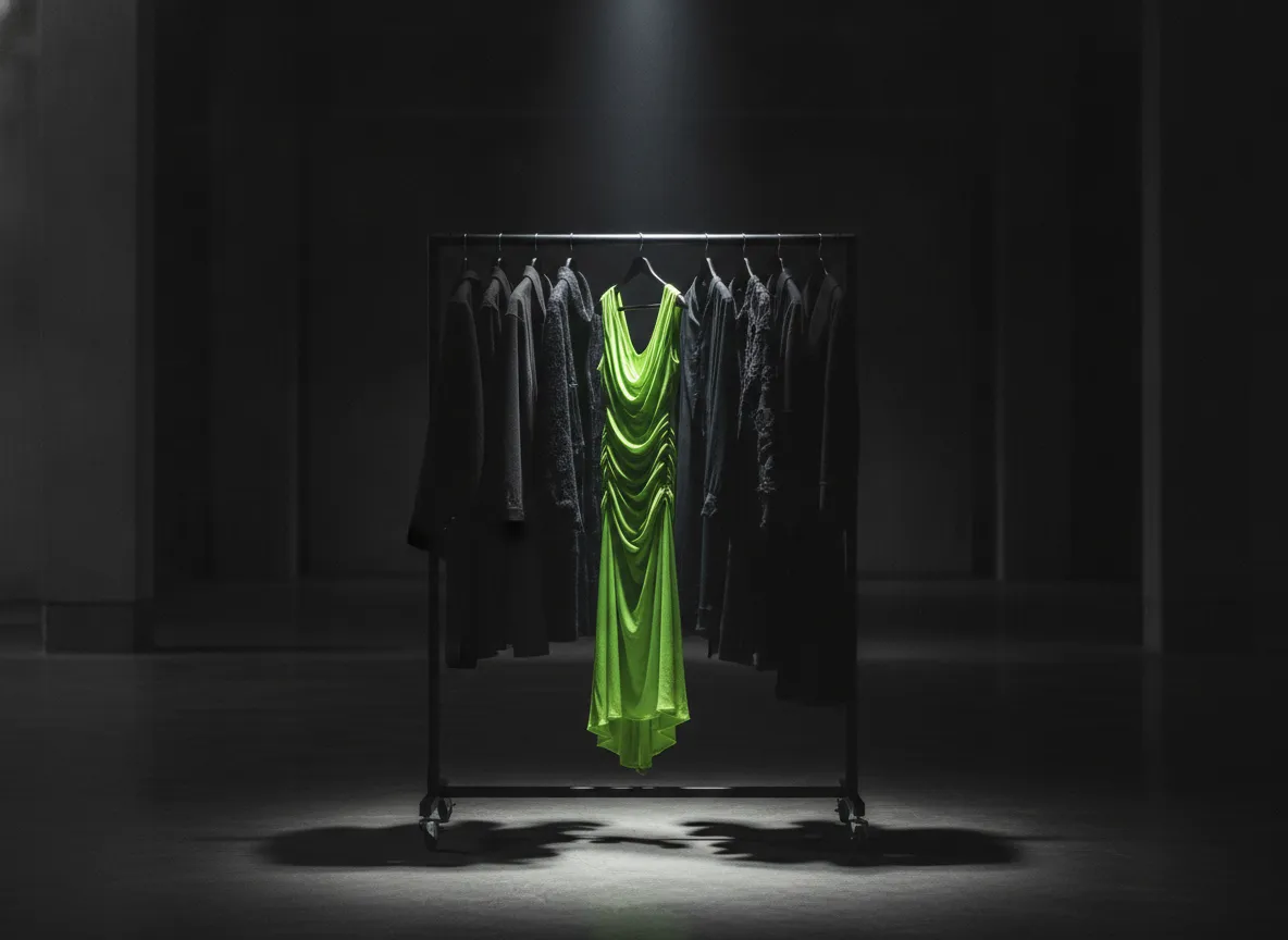 Balmain campaign — designer dress spotlit on a dark clothing rack