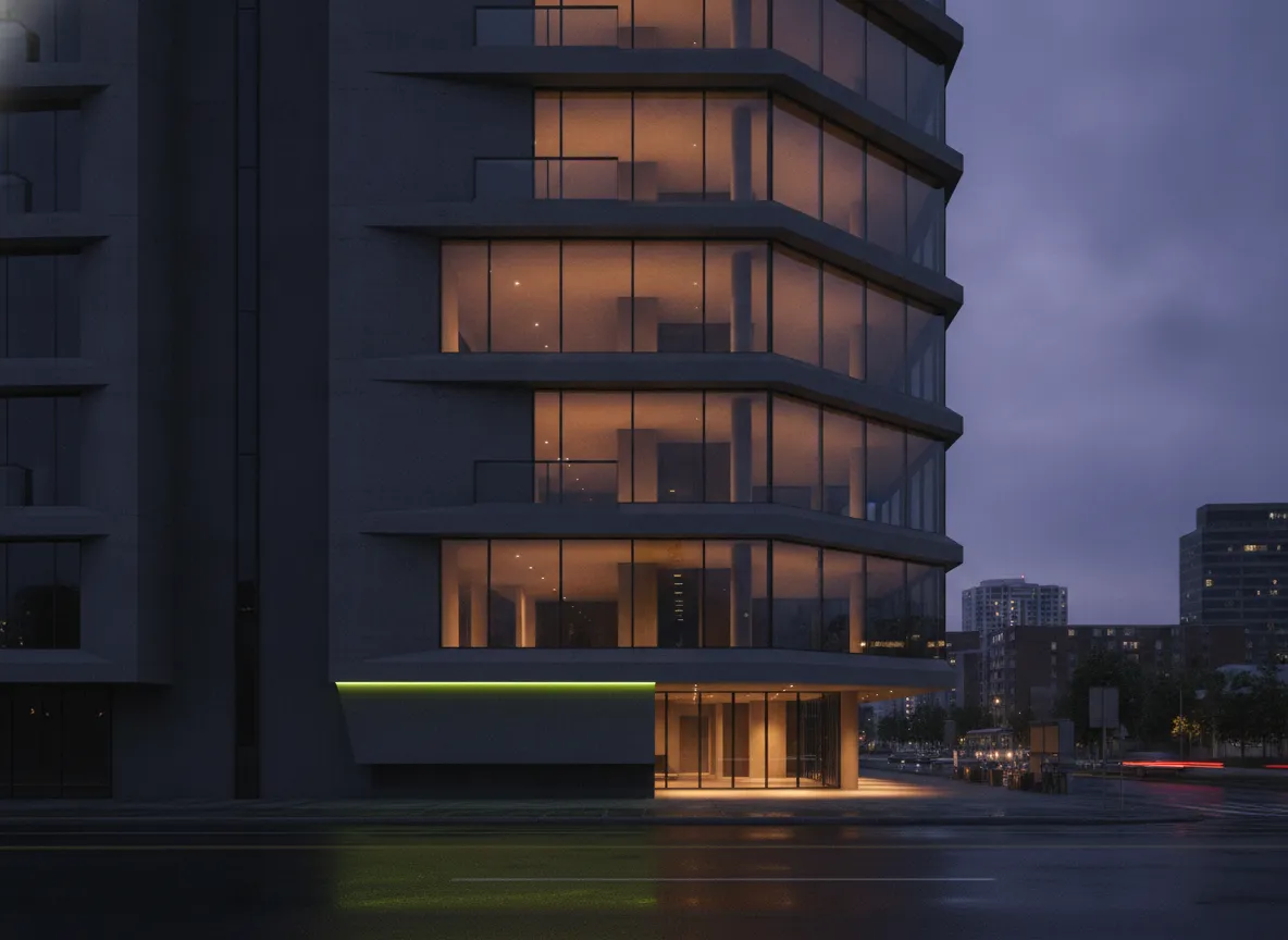 Gaur Vila campaign — modern luxury building glowing at dusk